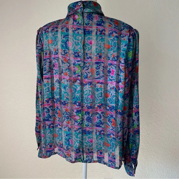 NICOLA AMAZING VINTAGE FLORAL MOCK NECK BUTTON DOWN BALOON SLEEVE BLOUSE TOP - Picture 4 of 16